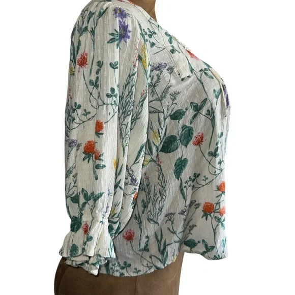 Laura Ashley Botanical Floral Cropped Blouse, thin crinkle gauze, women’s XL - Picture 2 of 10